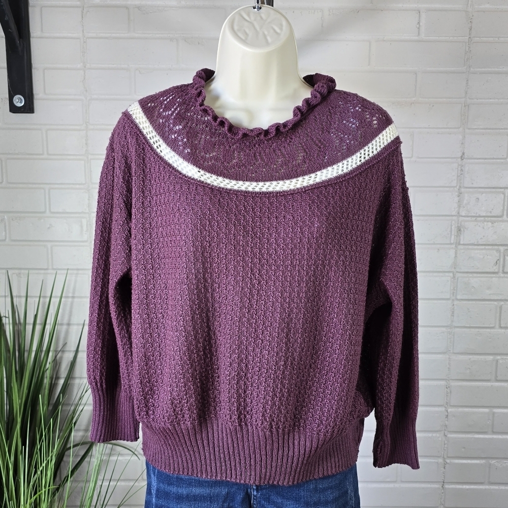 Vintage Keren Purple Ruffle Collar Waffle Knit Sweater Medium